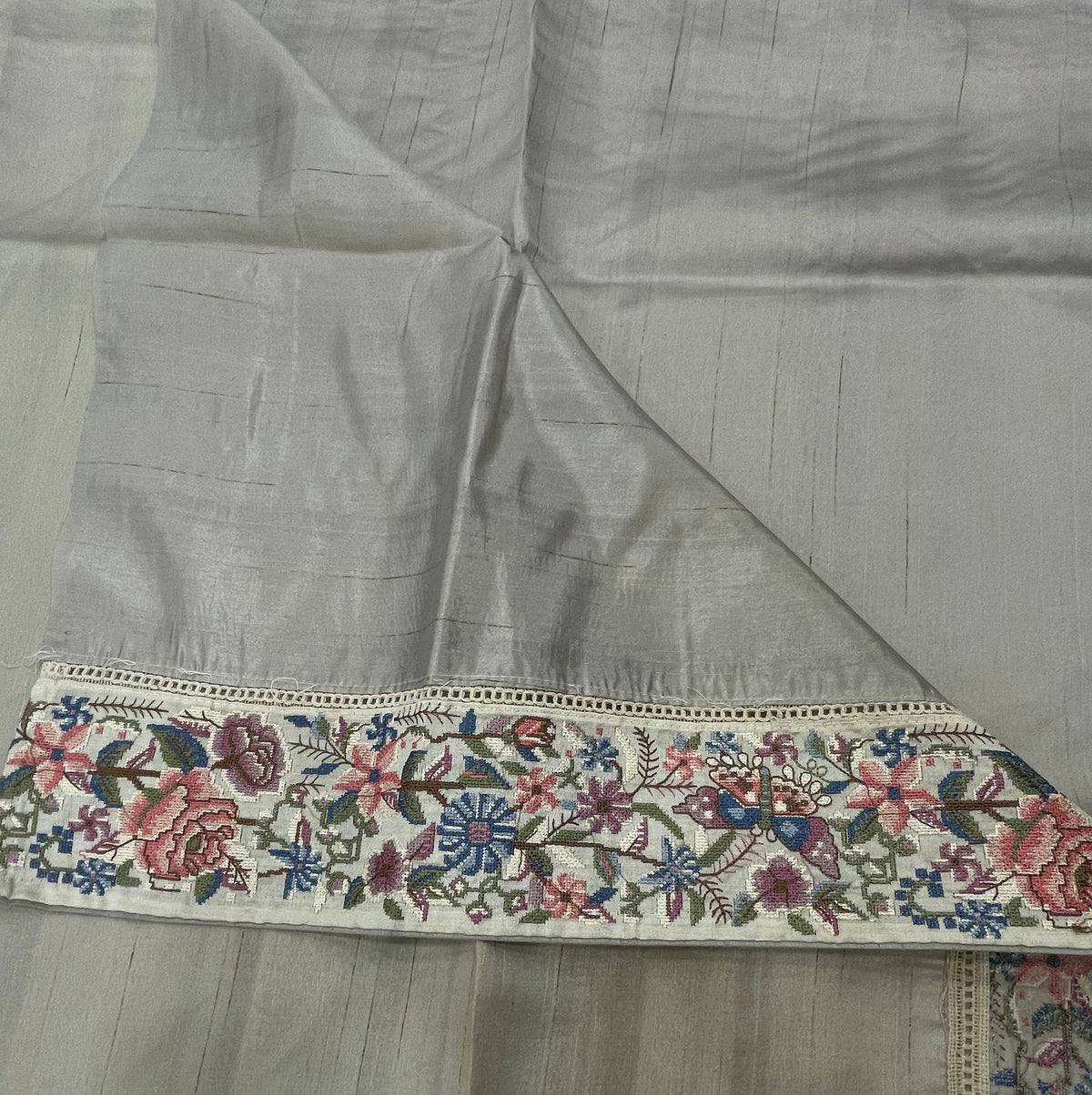 Beige n Grey Soft Tussur Petite Embroidery Saree 21