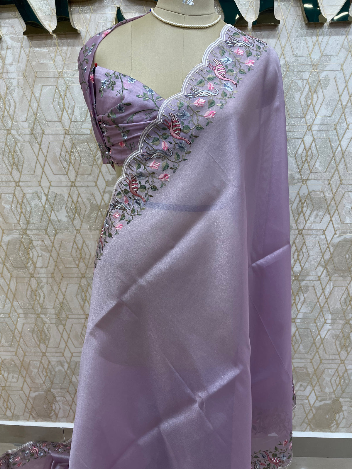 Lilac Tissue Embroidery Work Saree 17