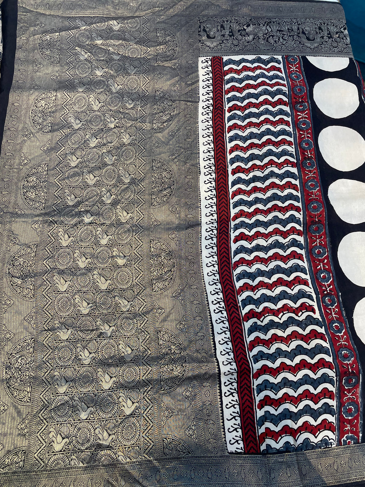 Cream n Red Dola Silk Ajrakh Print Saree 18