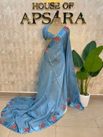 Blue Satin Silk Petite Point Embroidery Saree 305