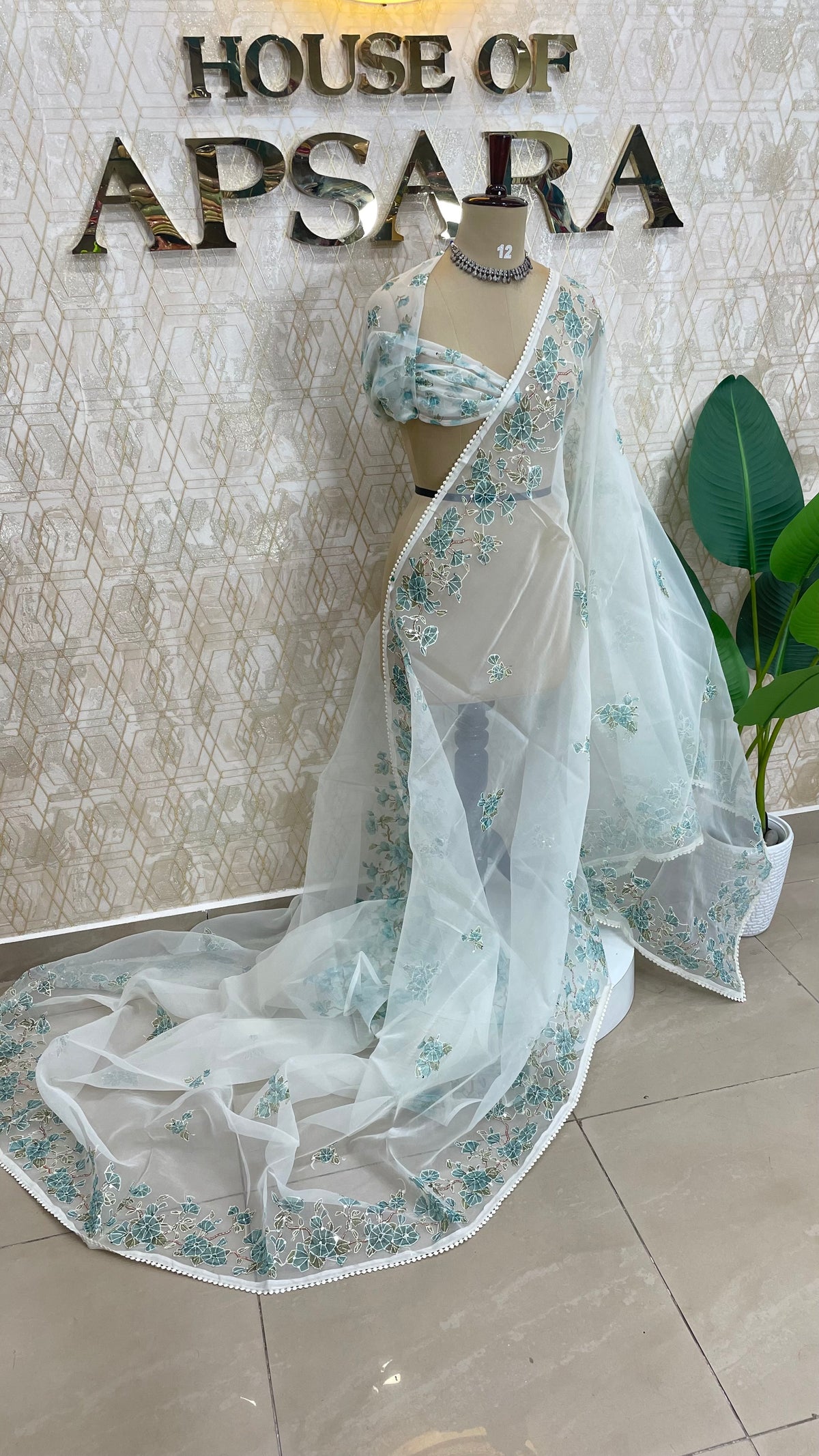 White n Green Soft Organza Embroidery Saree 103