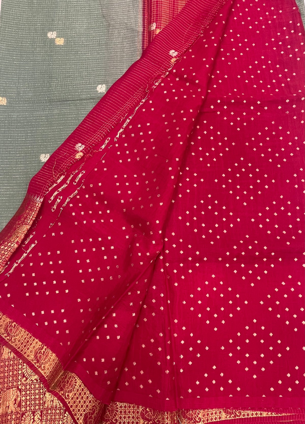 Sky Blue n Red Checks Cotton Silk Saree 13
