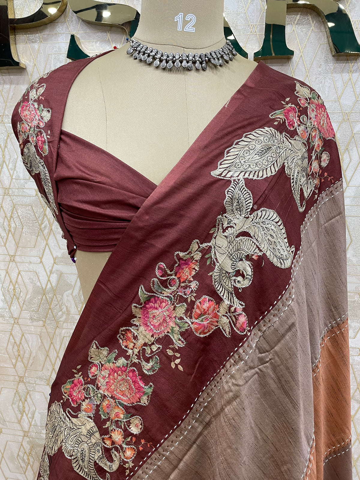 Brown Soft Tussur Aari Work Saree 38