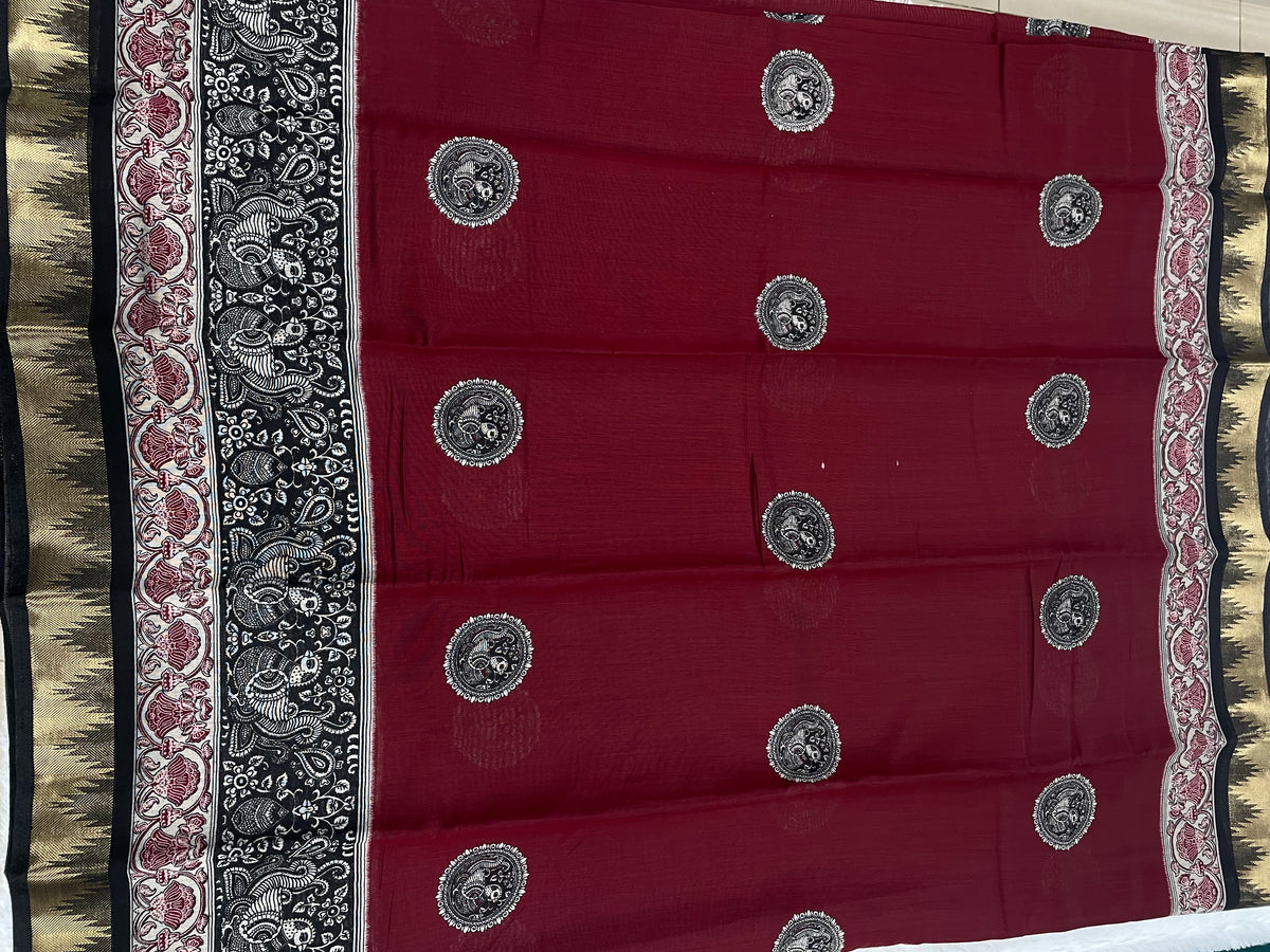 Maroon n Black Pure Mangalgiri Cotton Silk Saree 13