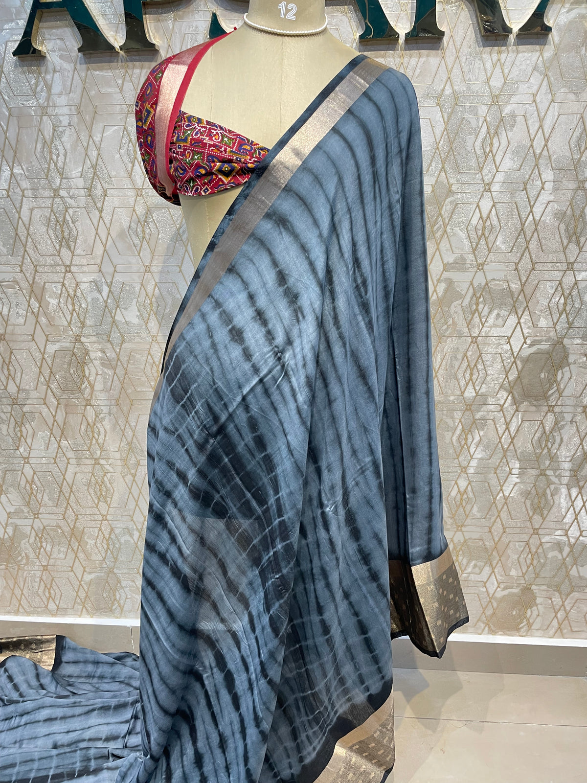 Grey Assam Silk With Shibori Dyeing Saree 23