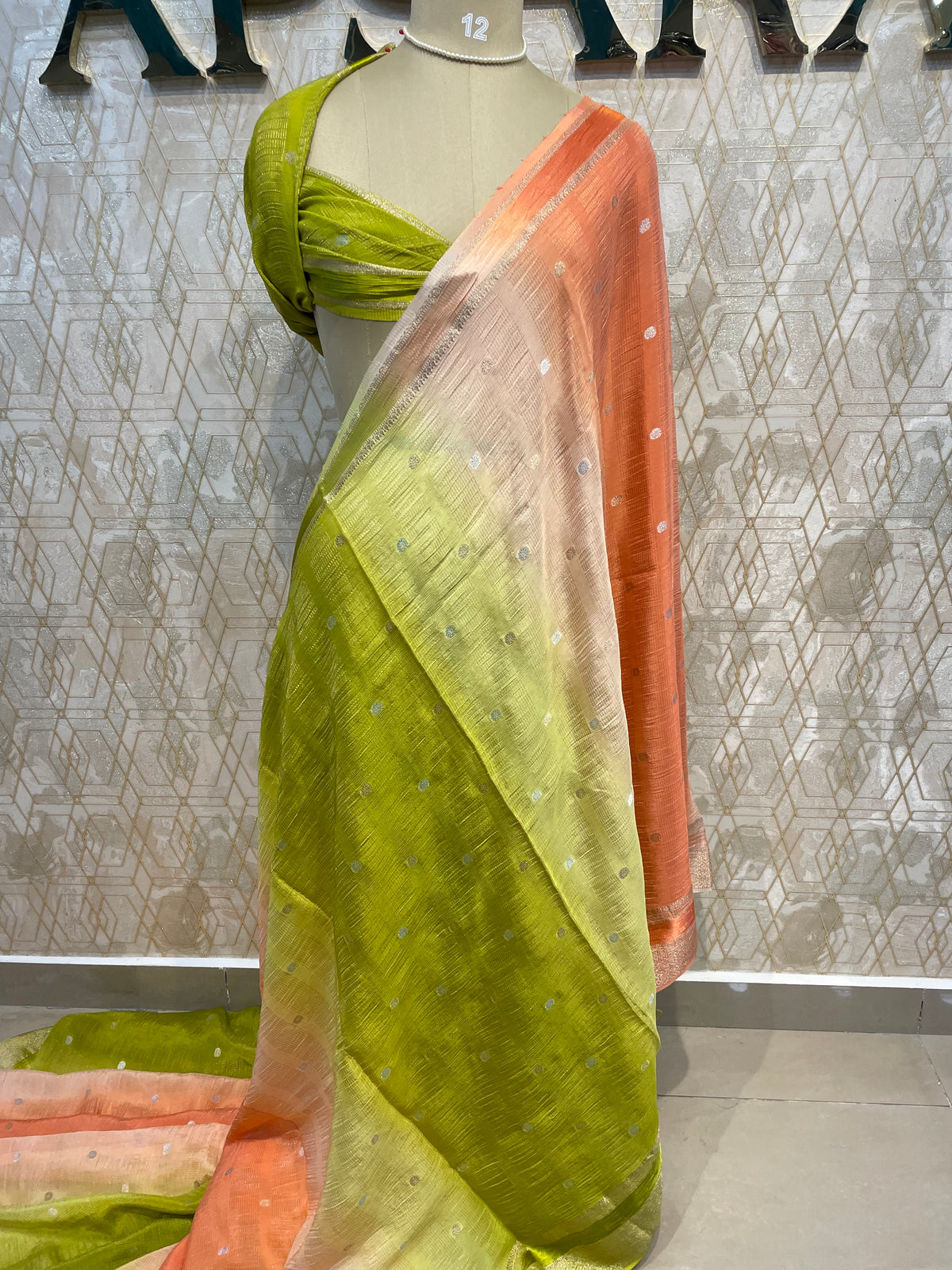 Green n Orange Wrinkle Chiffon Dual Shade Saree 65