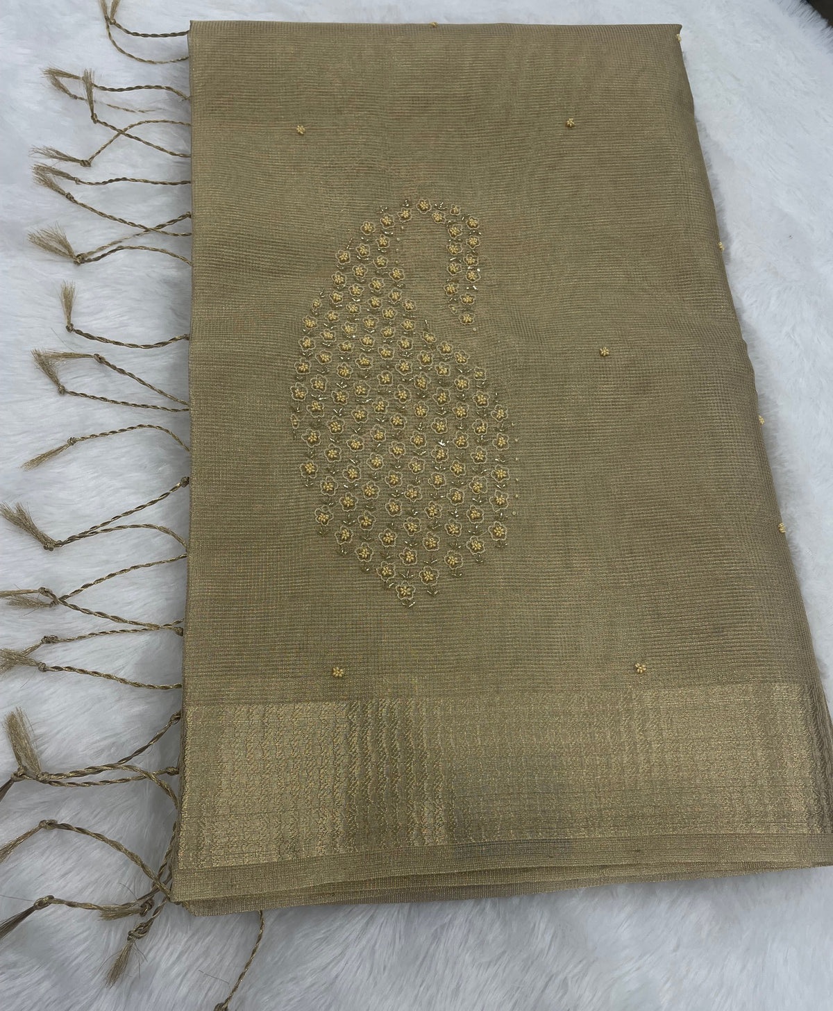 Gold Designer Embroidery Work Tissue Saree 09