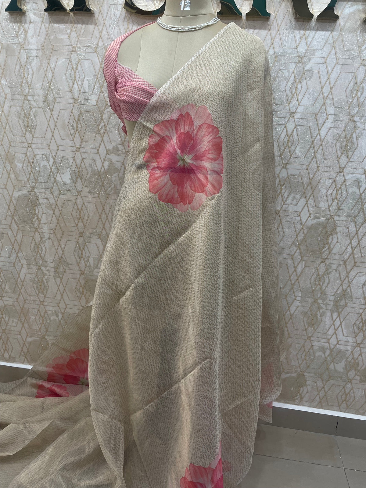 Cream n Pink Tissue Floral Print Saree 35