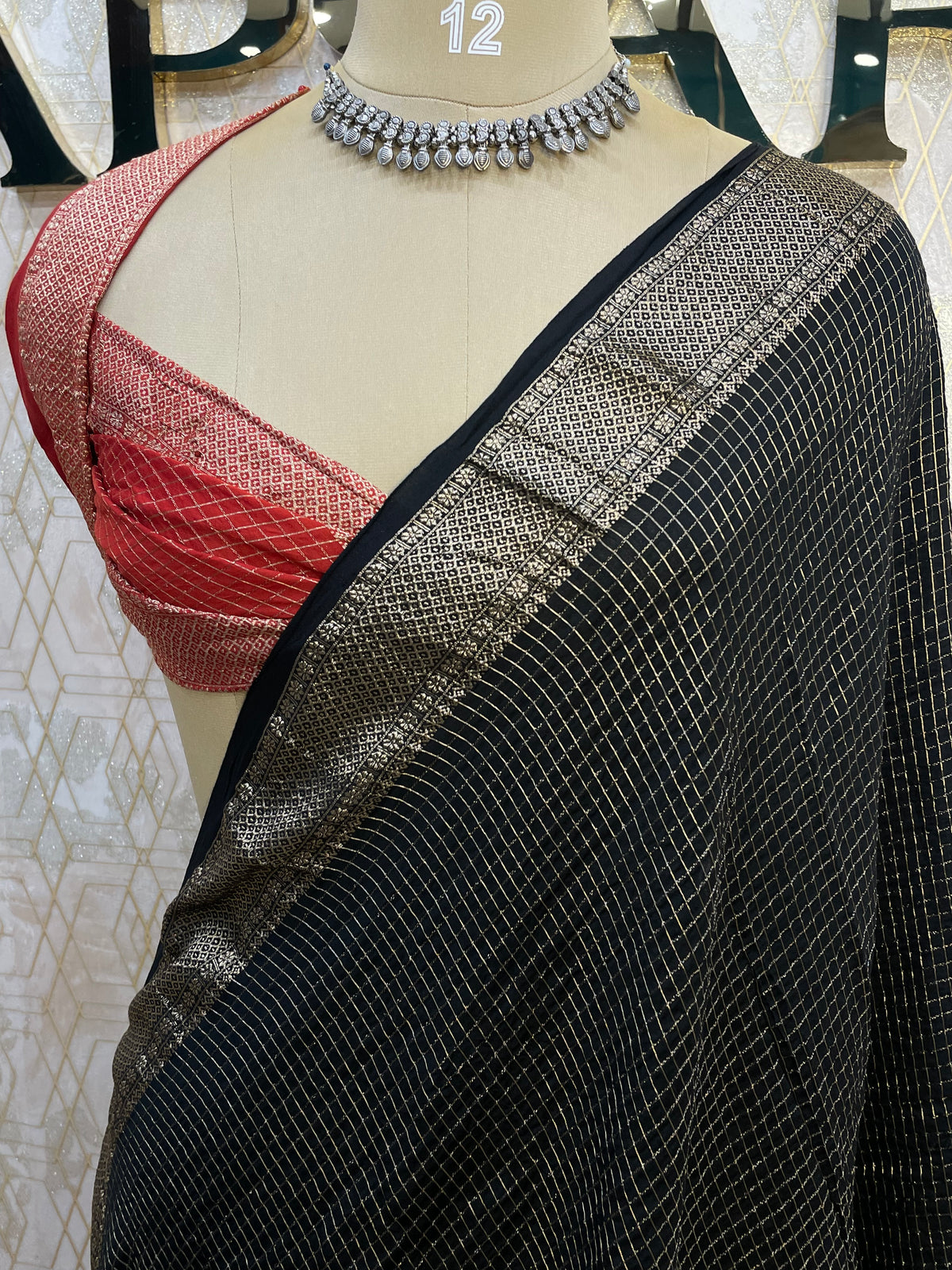 Black n Red Checks Cotton Silk Saree 13