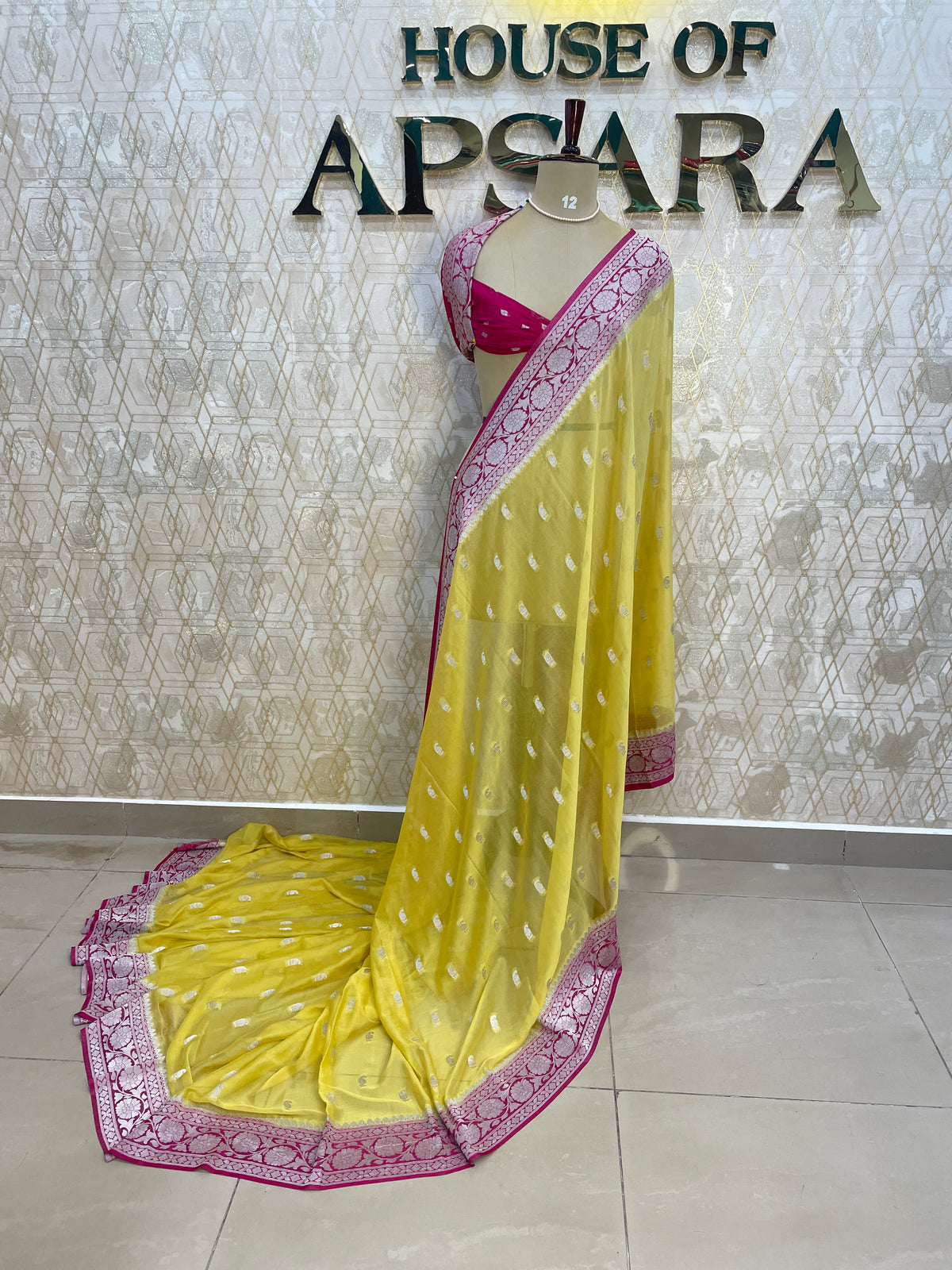 Yellow n Pink With Silver Zari Semi Chiffon
