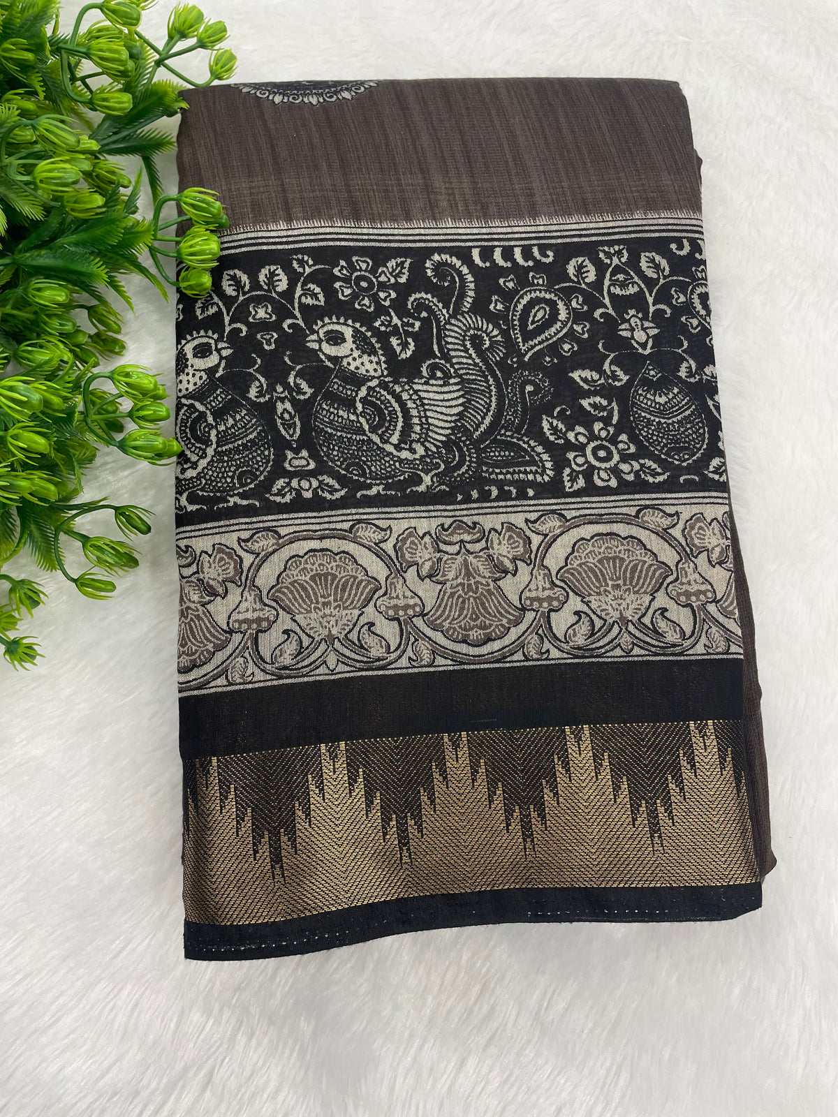 Dark Brown n Black Mangalgiri Cotton Silk Saree 13