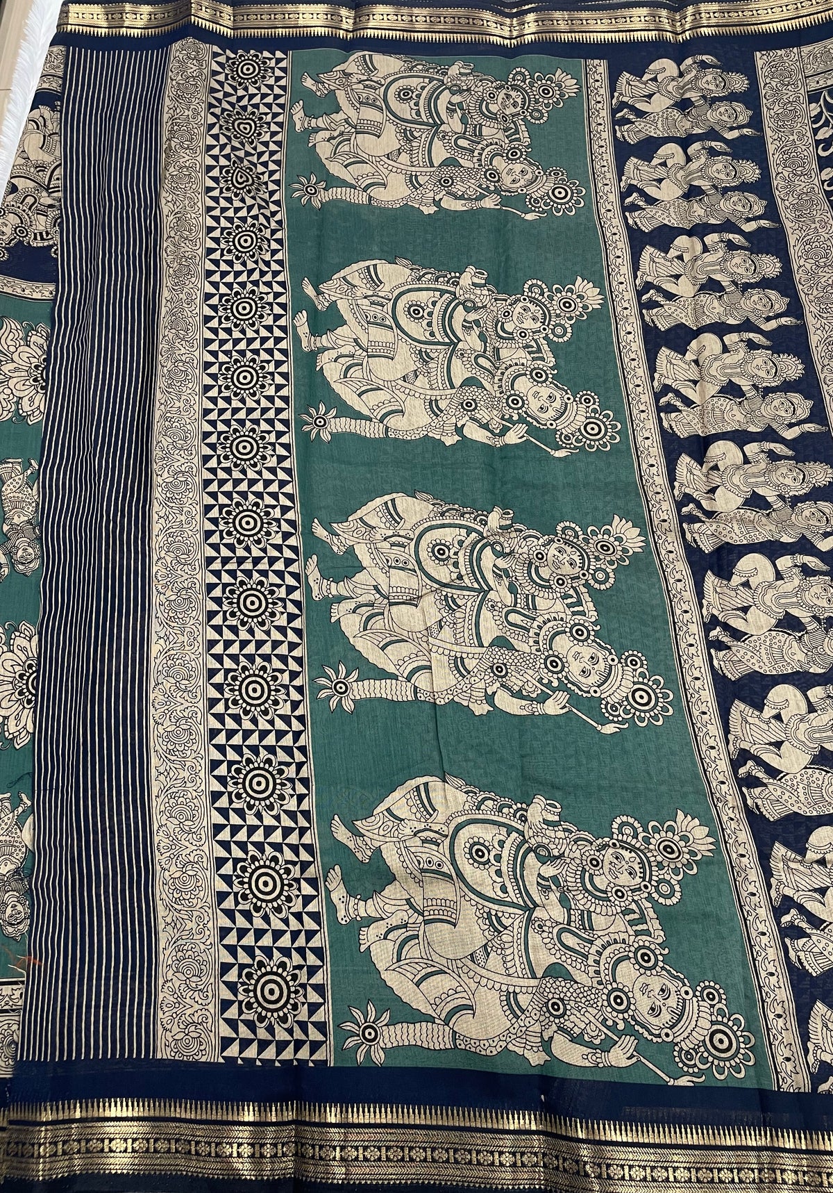 Navy Blue n Peacock Green Pure Mangalgiri Cotton Silk Saree 13
