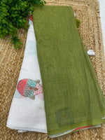 Green n White Lenin Cotton Floral Print Saree 19
