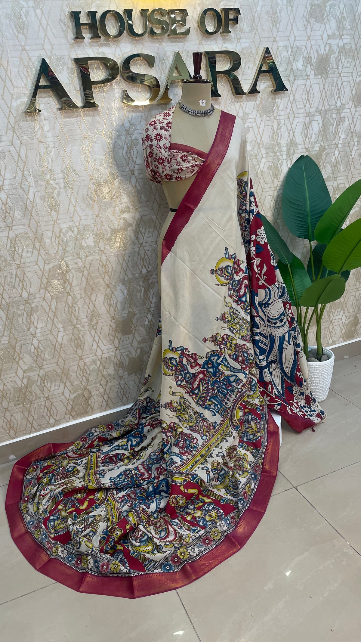 Cream n Pink Pen Kalamkari Saree 104