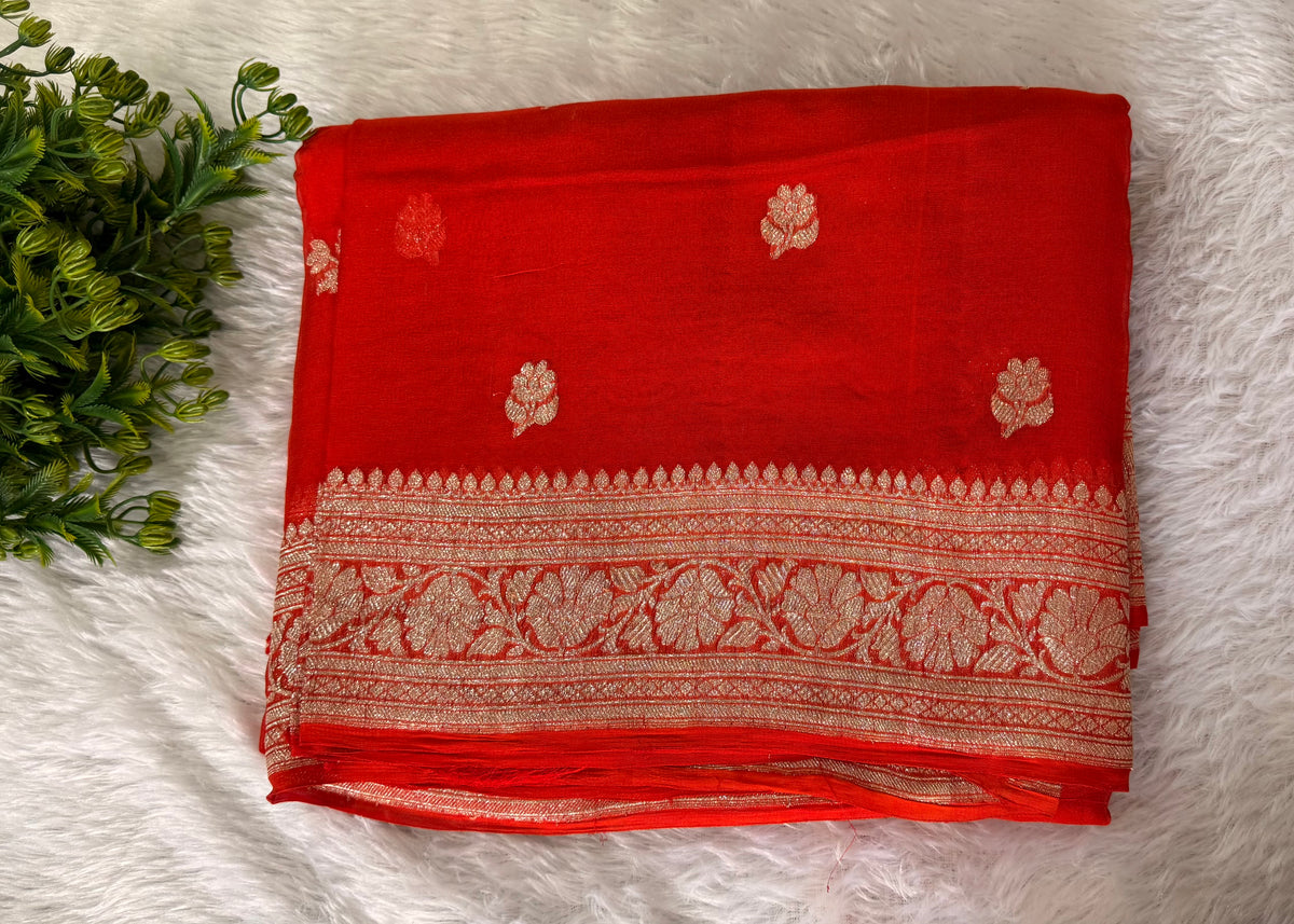 Rust Orange with Gold Zari Pure Khaddi Chiffon