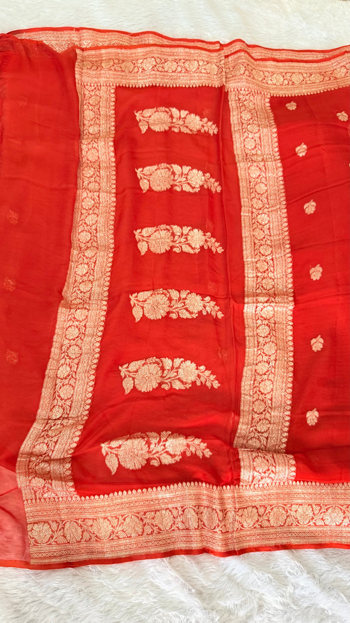 Rust Orange with Gold Zari Pure Khaddi Chiffon