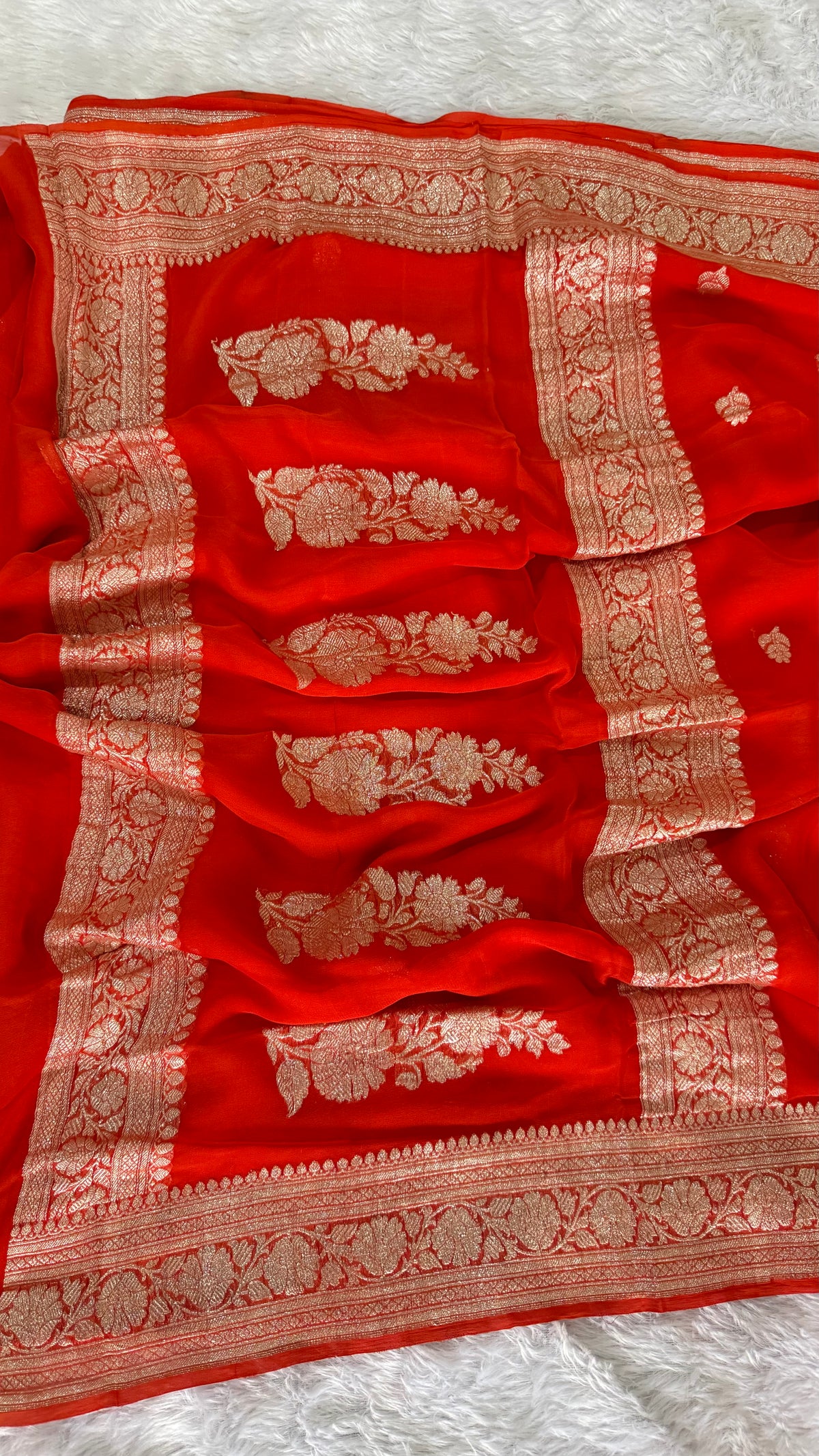 Rust Orange with Gold Zari Pure Khaddi Chiffon