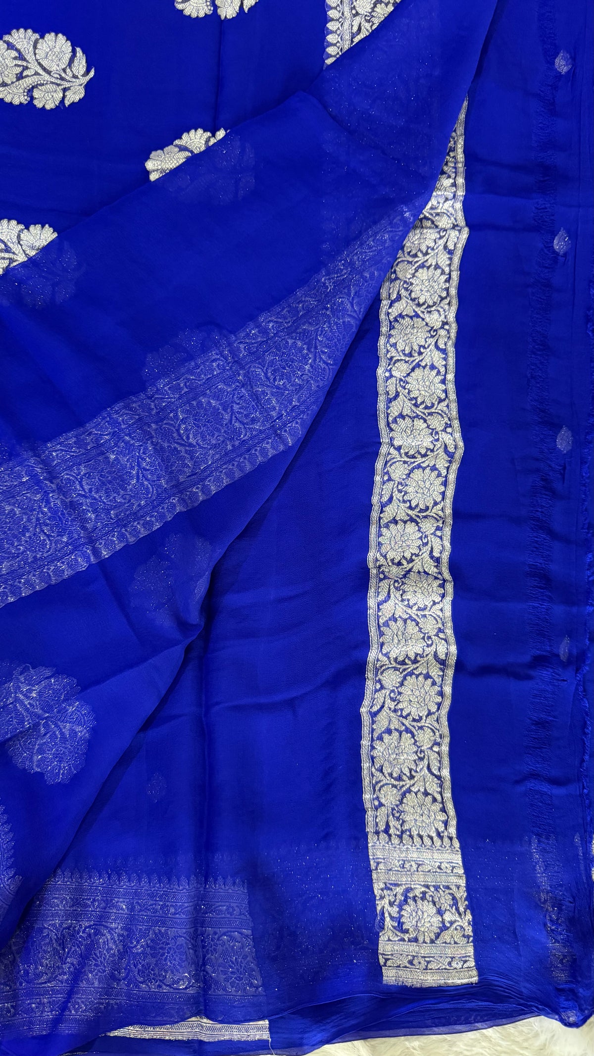 Royal Blue with Silver Zari Pure Khaddi Chiffon