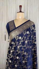 Navy Blue Mashru Satin Silk Saree