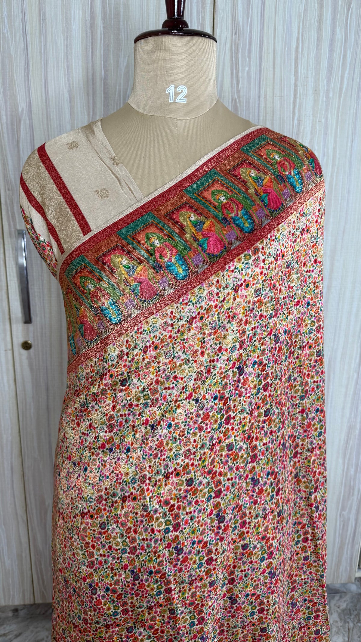 Cream Pashmina Crepe Saree