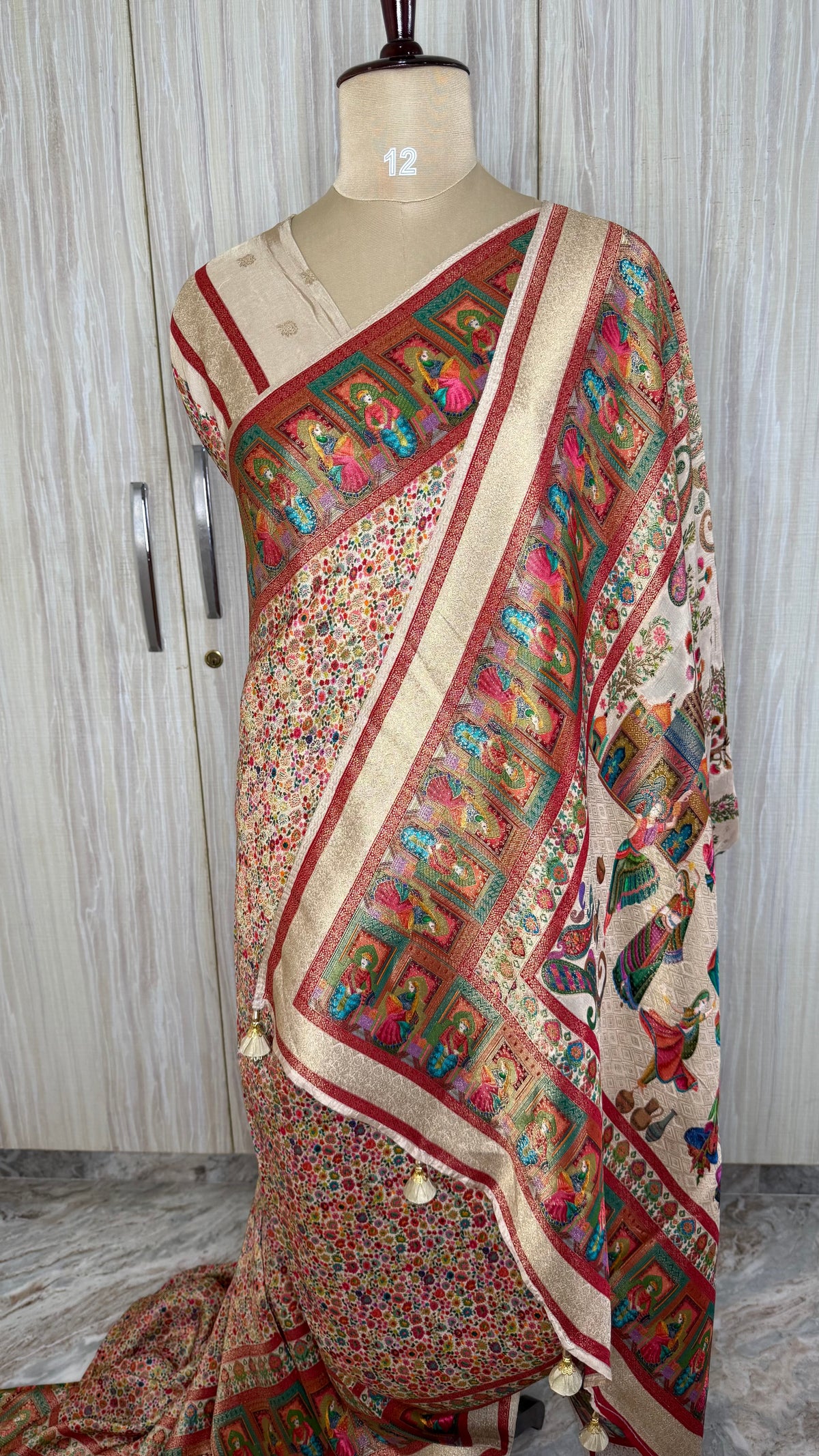 Cream Pashmina Crepe Saree