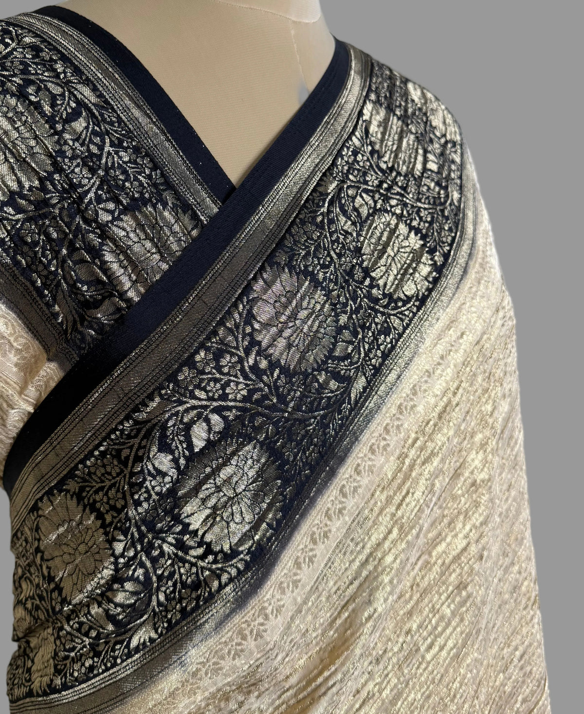 Cream and Black Crush Tissue Saree
