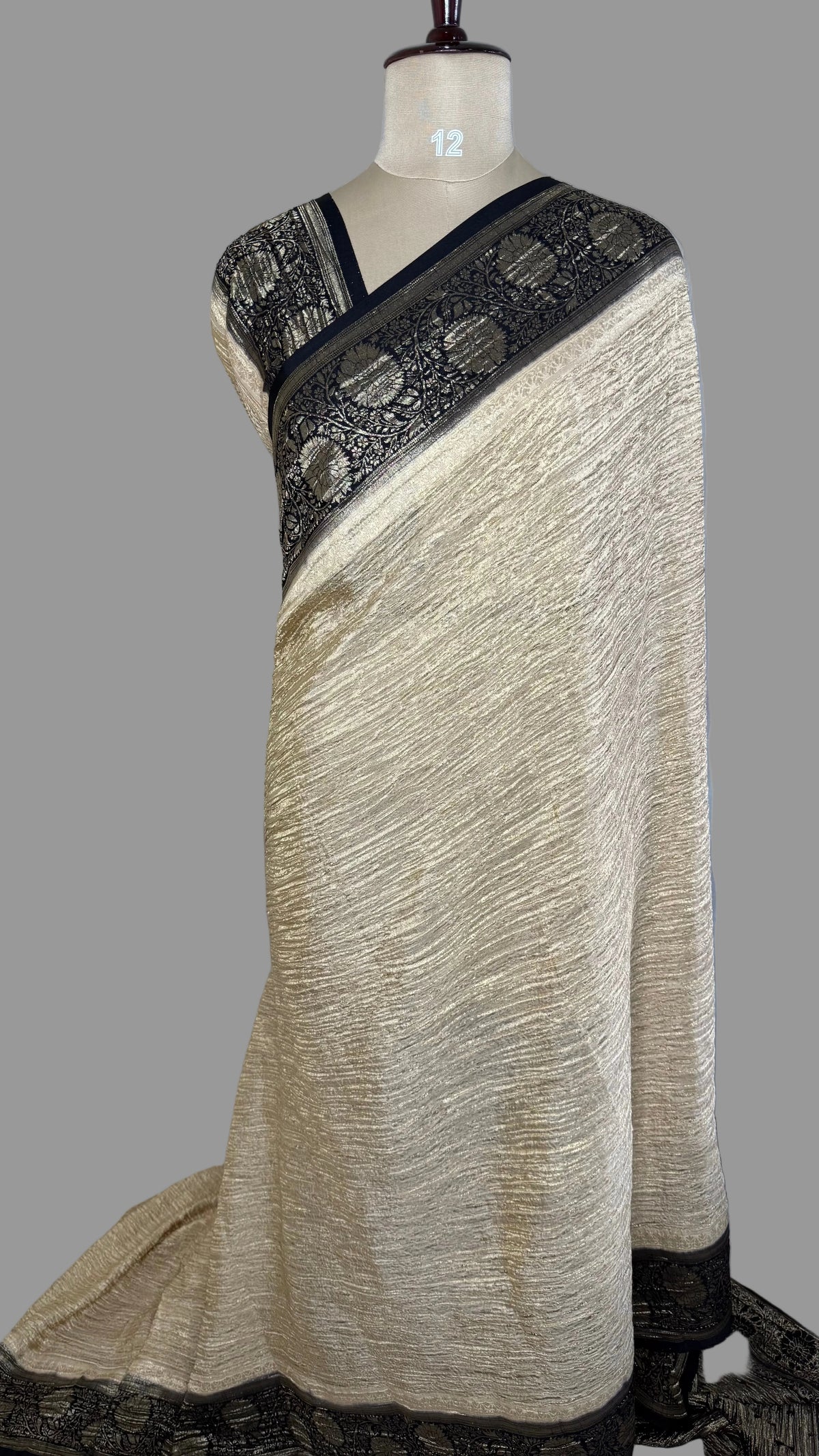 Cream and Black Crush Tissue Saree