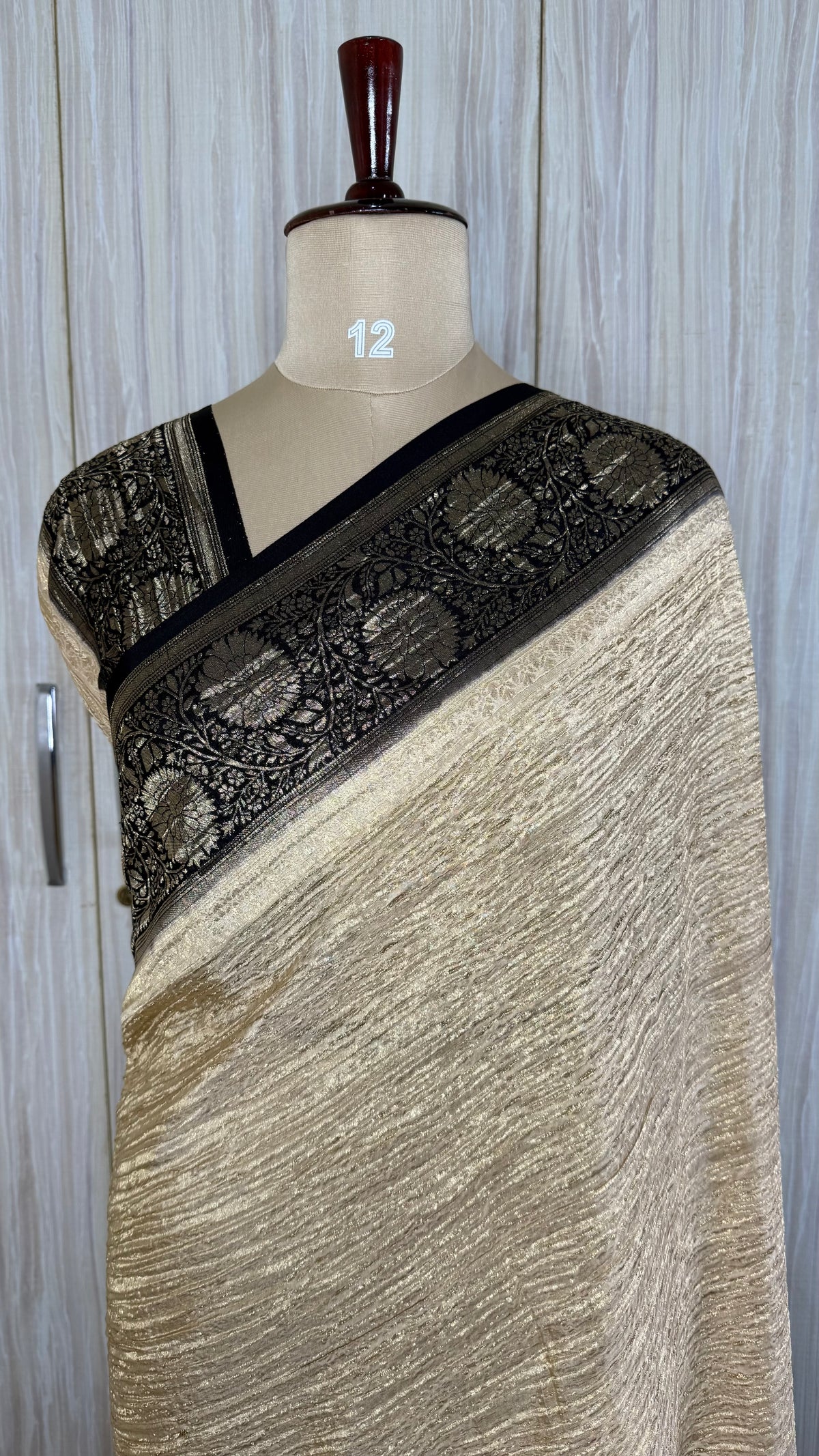 Cream and Black Crush Tissue Saree