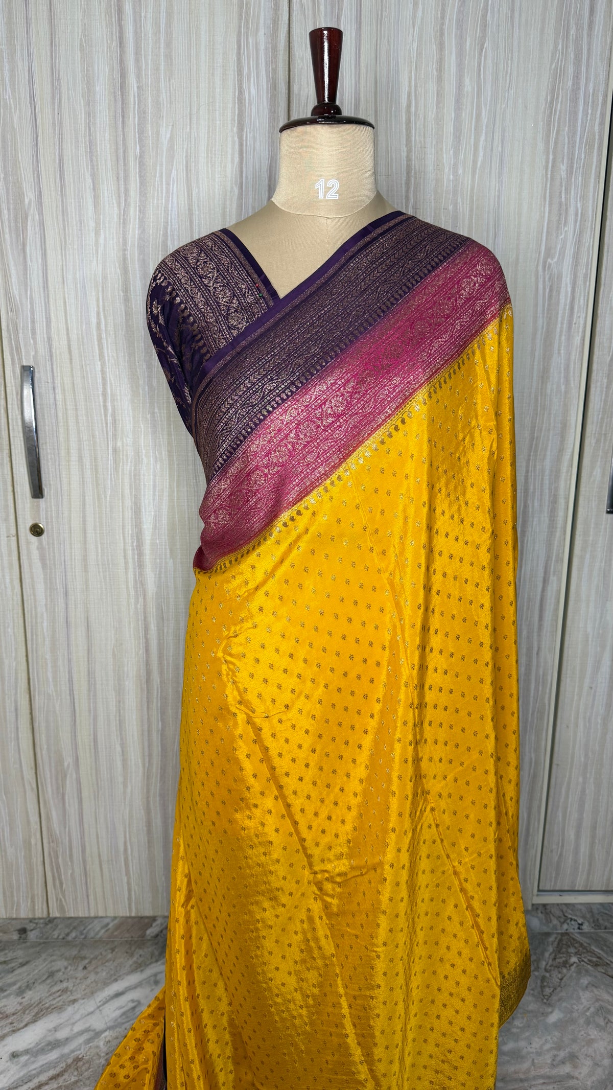 Yellow Banarasi Crepe 3D Saree