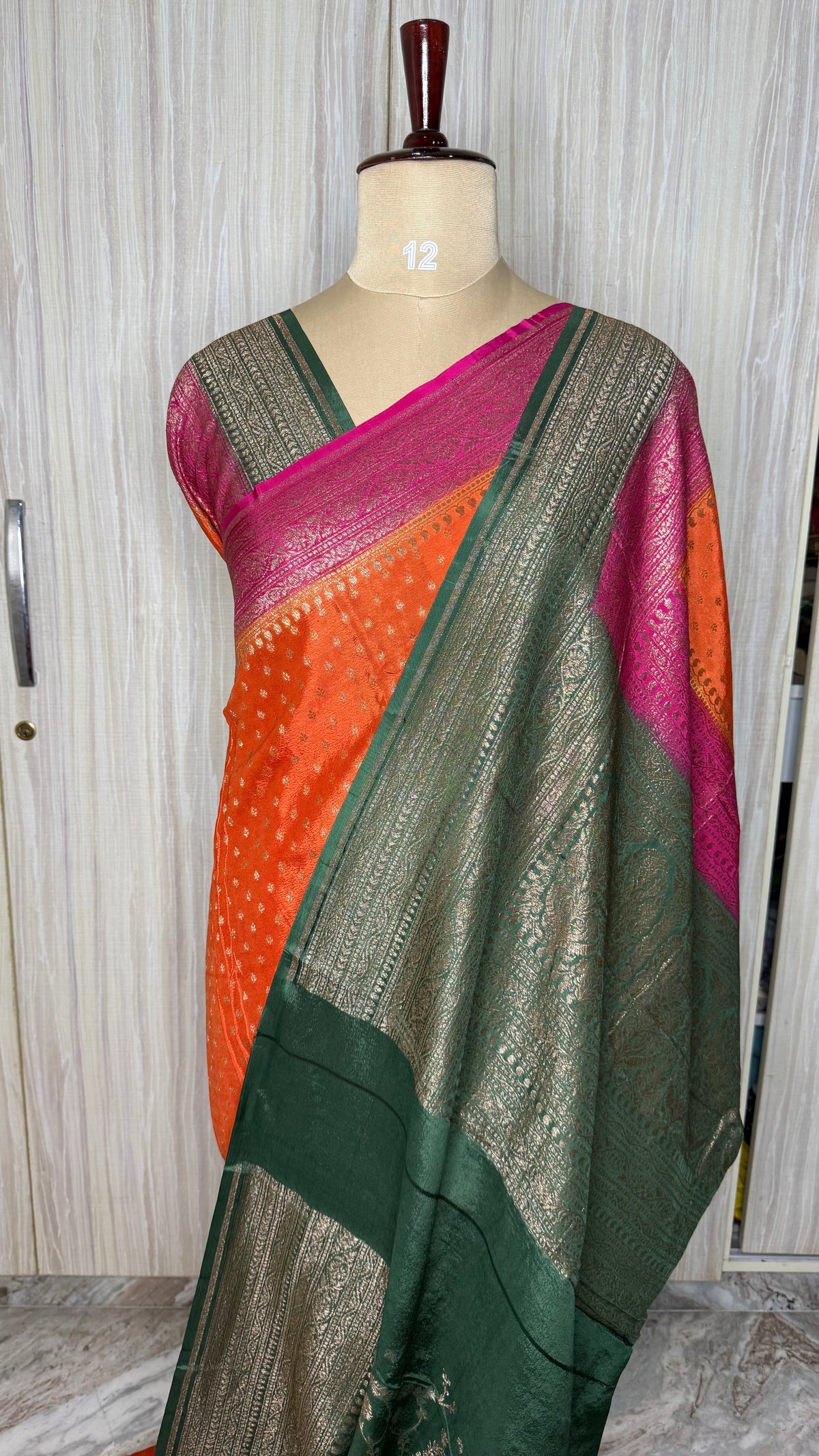 Orange Banarasi Crepe 3D Saree
