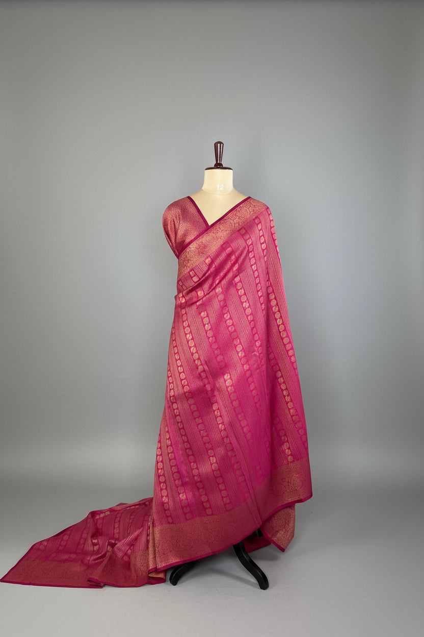 Rani Pink Linen with Brocade Saree