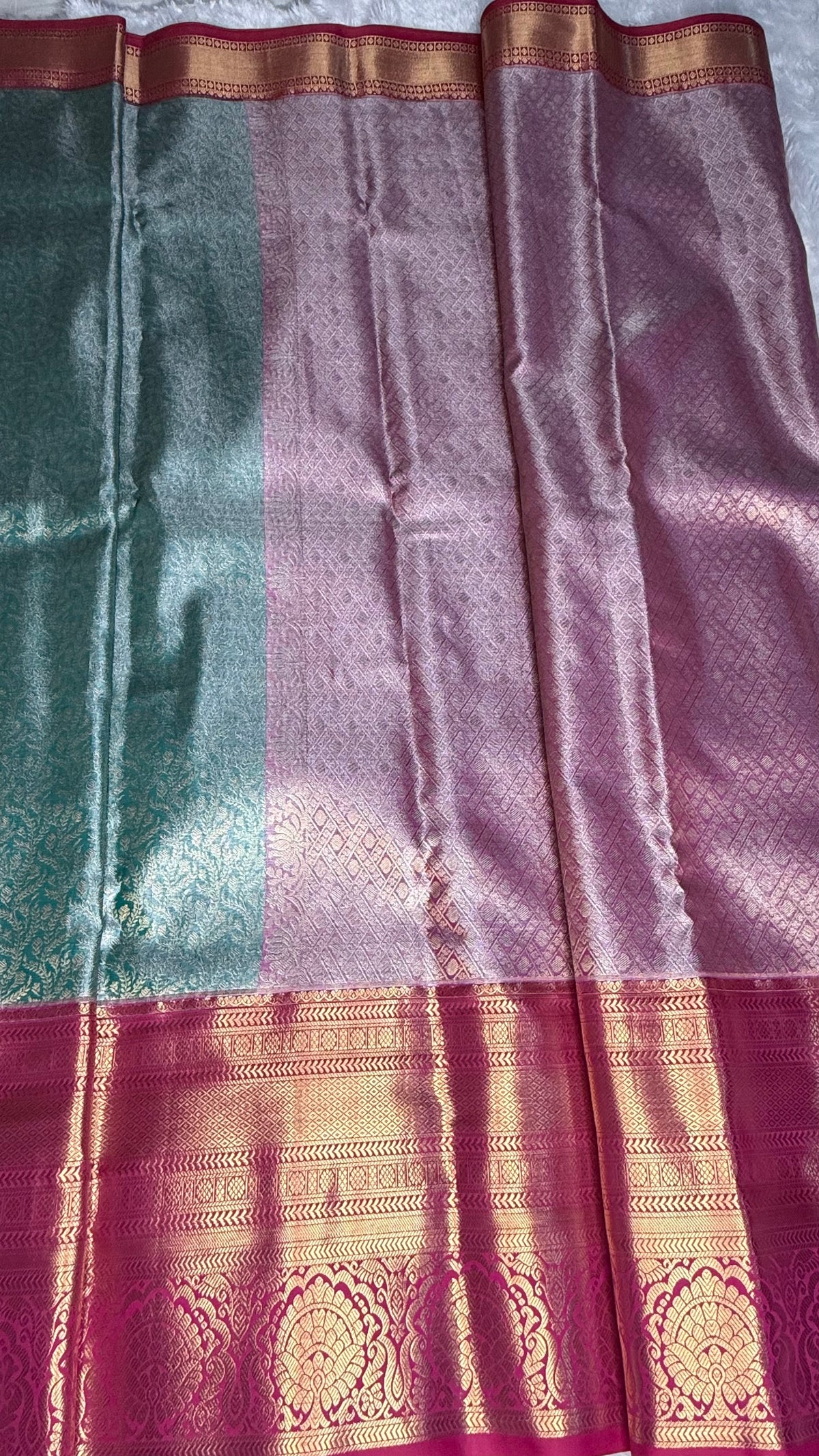 Sky Blue n Pink Border Tissue Semi Silk
