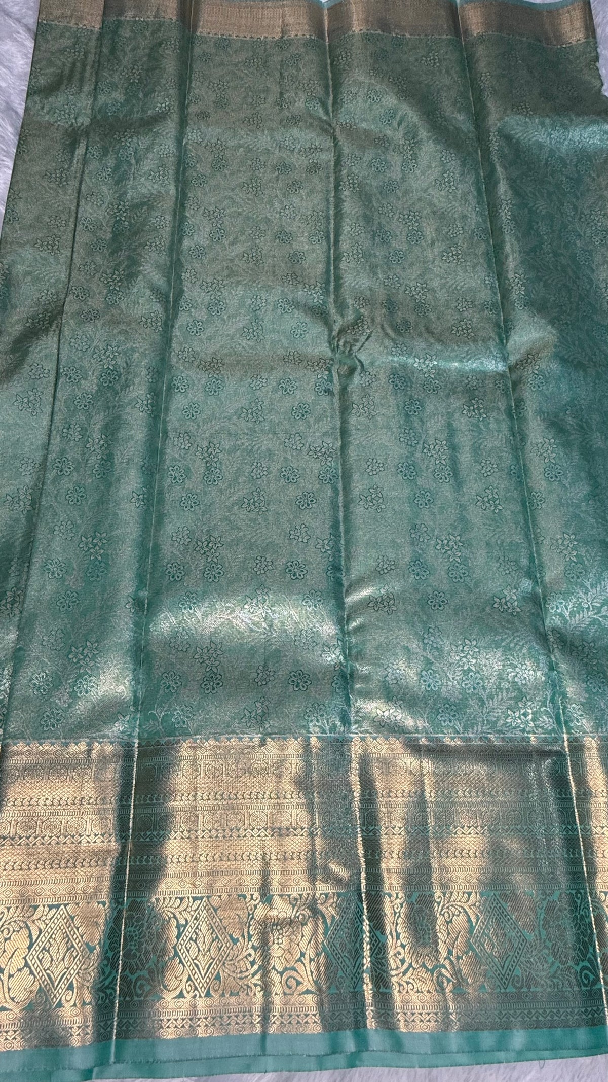 Pista Green Tissue Semi Silk Gold Zari