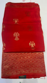 Red Half and Half Semi Crepe Saree