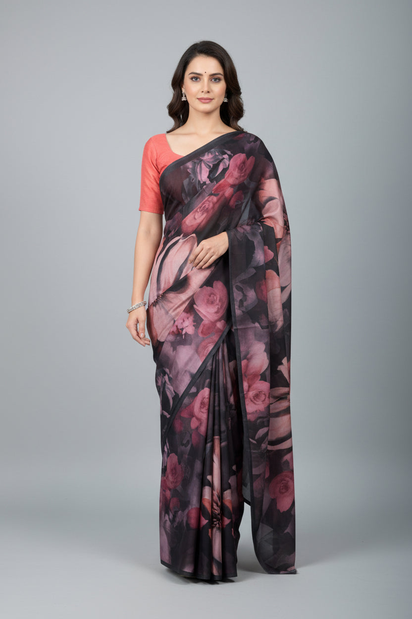 Black Floral Digital Print Saree