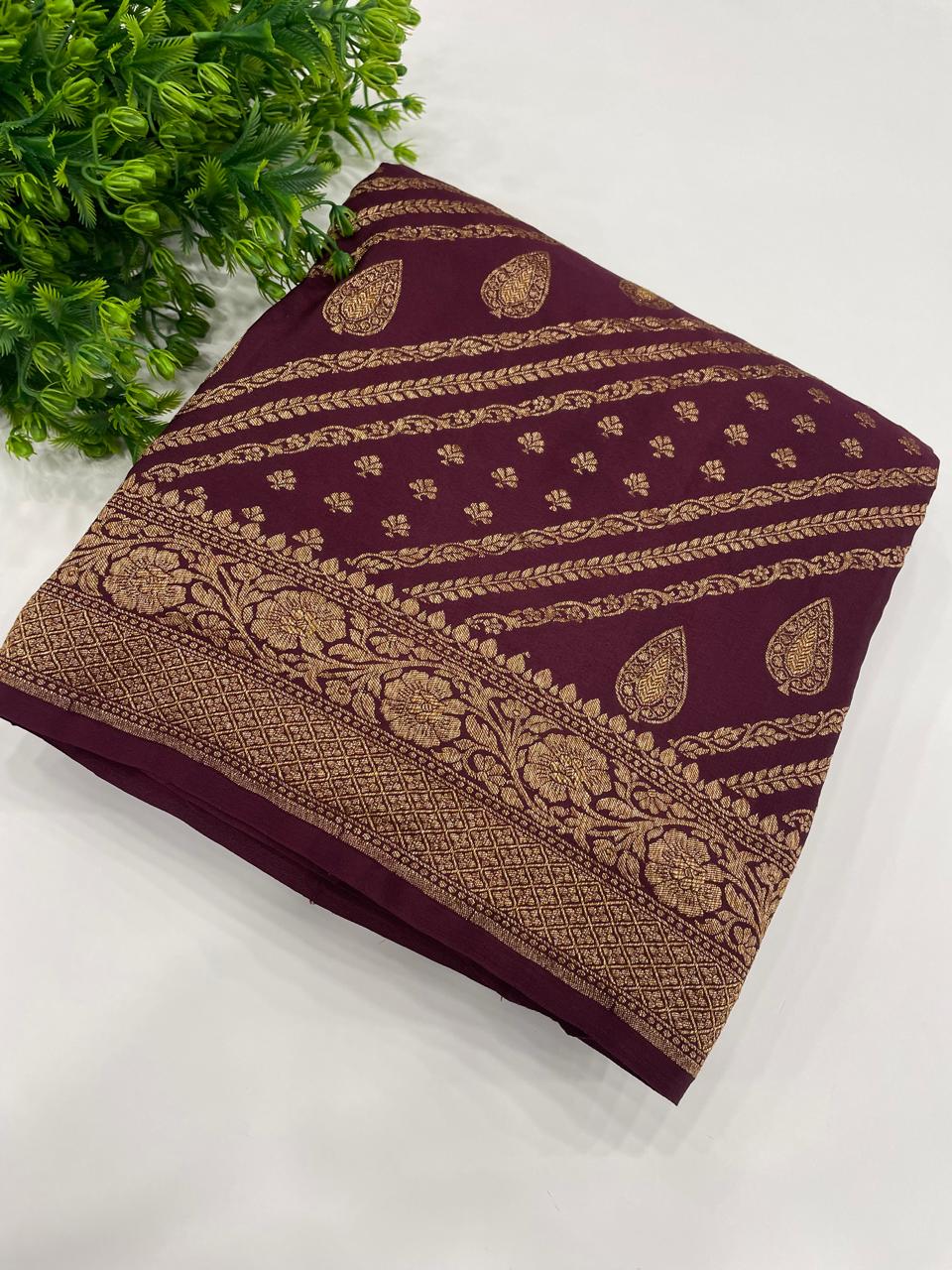 Marron Pure Banarasi Crepe Self Saree 03