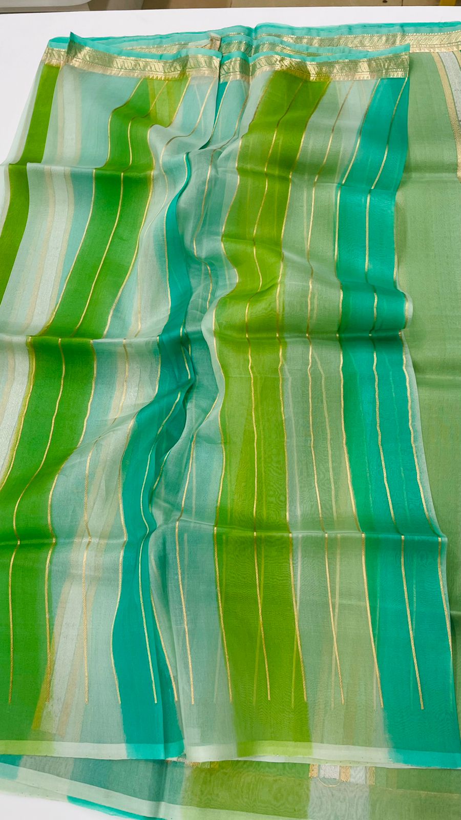 Green 3D Pure Rangkart Kora Stripes Organza saree 02