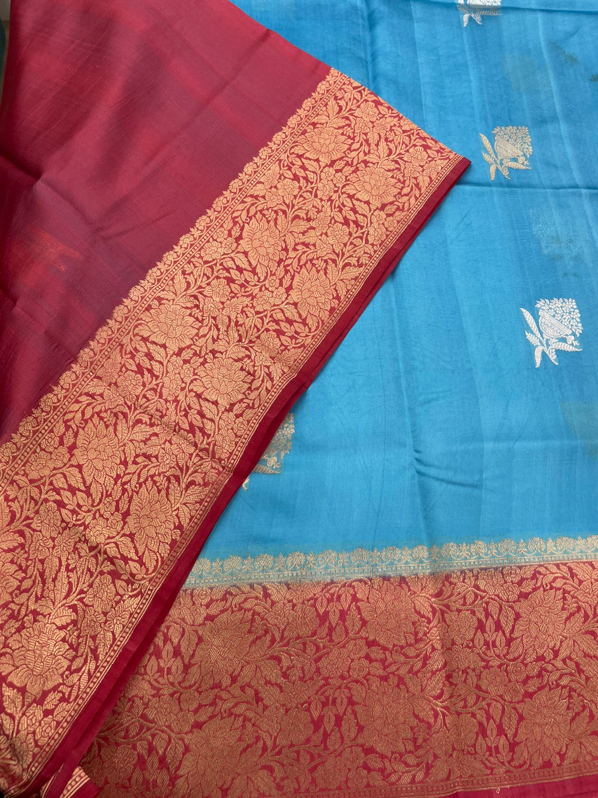 Sky Blue n Red Pure Katan Designer saree 02