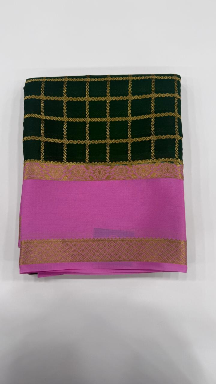 Bottel Green Stripes Pure Mysore Silk Crape Saree 01