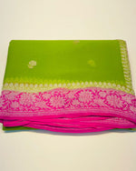 Green n Pink With Silver Zari Pure Khaddi Chiffon