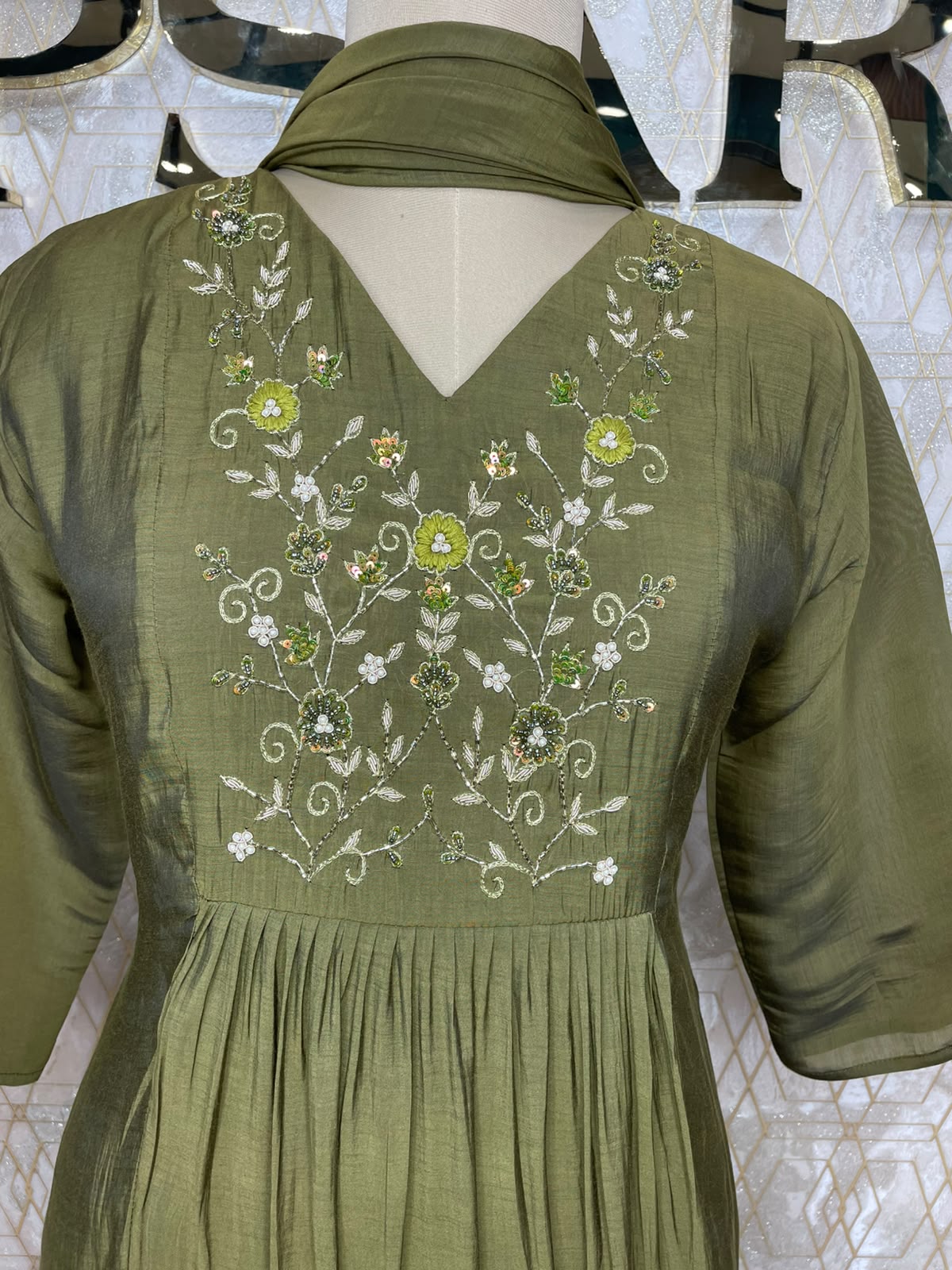 Mehendi Green Mul Chanderi Silk Hand Embroidery Kurtha 114