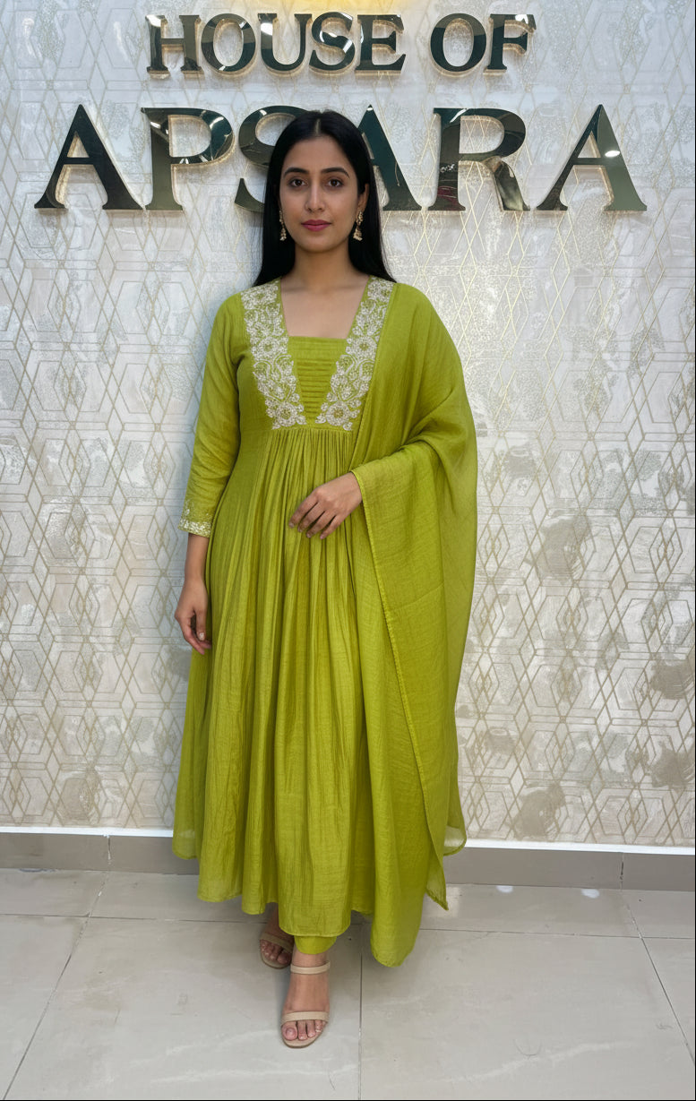 Green Mul Chanderi Alia Cut Kurtha 117