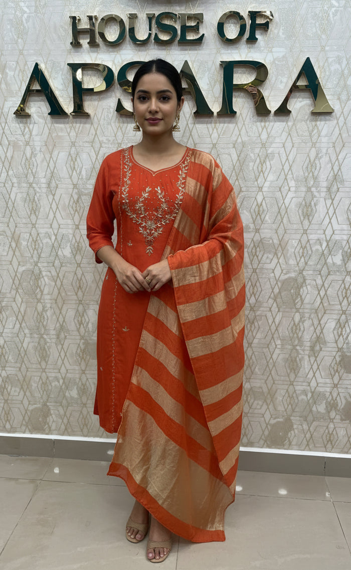 Orange Mul Chanderi Straight Fit Kurtha 112