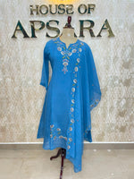 Blue Mul Chanderi Silk Hand Embroidery Airline Kurtha 114