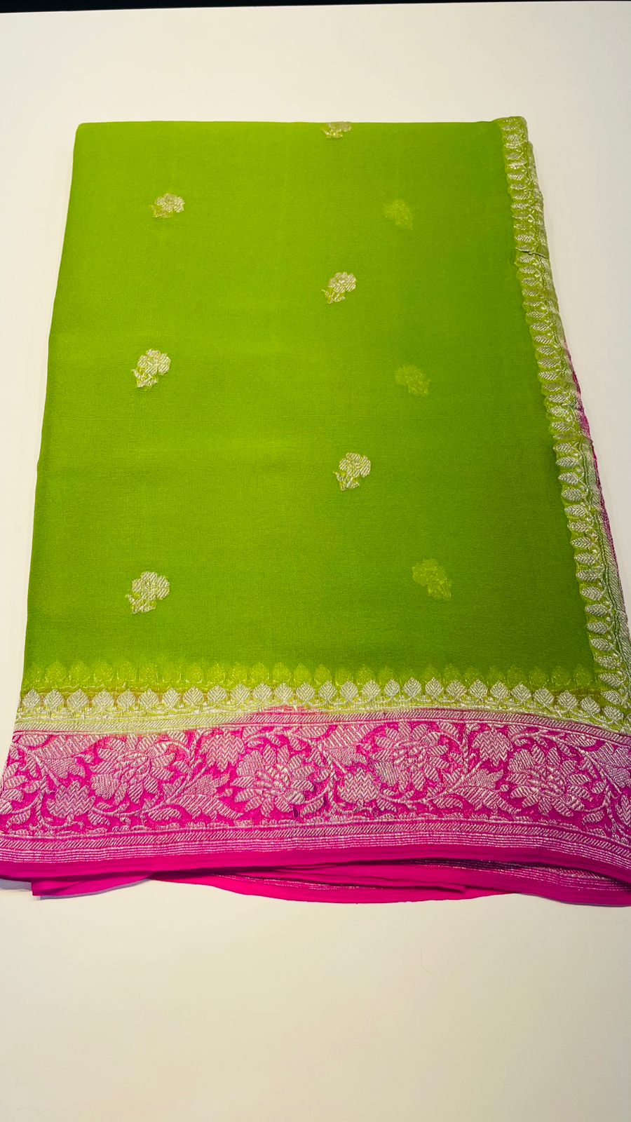 Green n Pink With Silver Zari Pure Khaddi Chiffon