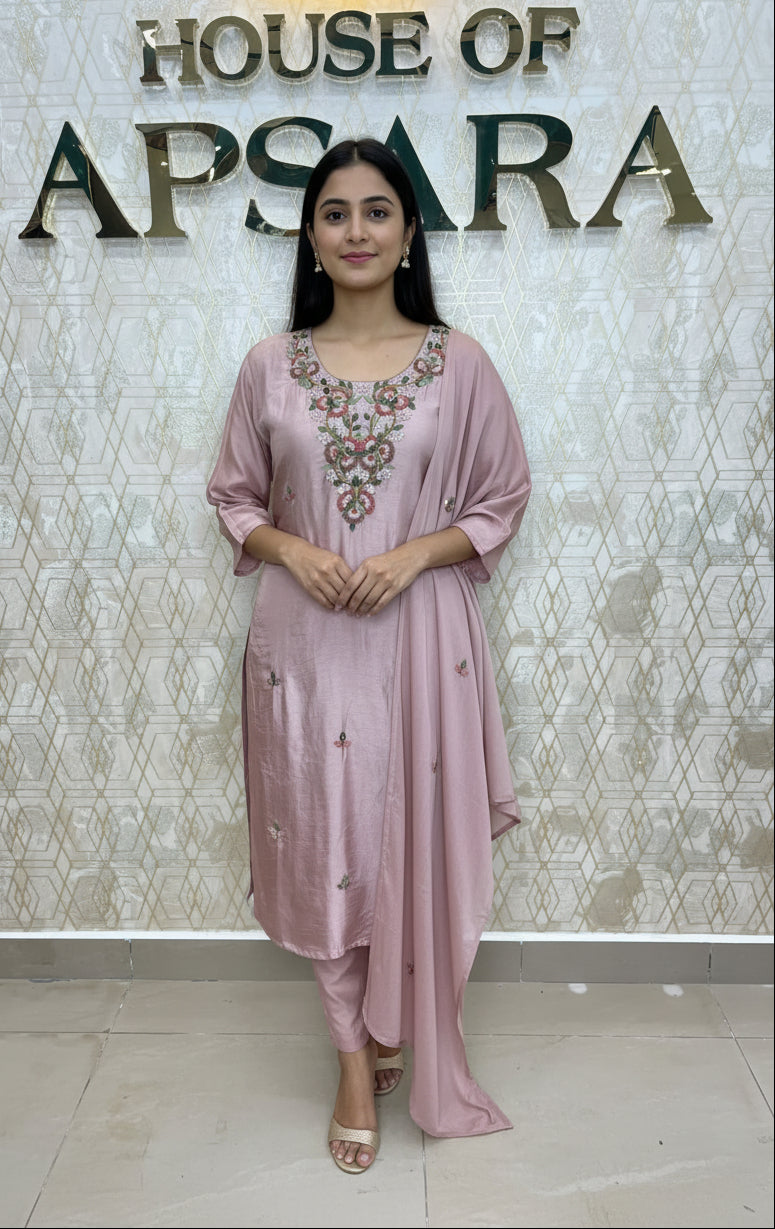 Peach Mul Chanderi Thread Embroidery Straight Fit Kurtha 115