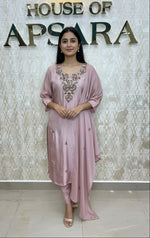 Peach Mul Chanderi Thread Embroidery Straight Fit Kurtha 115