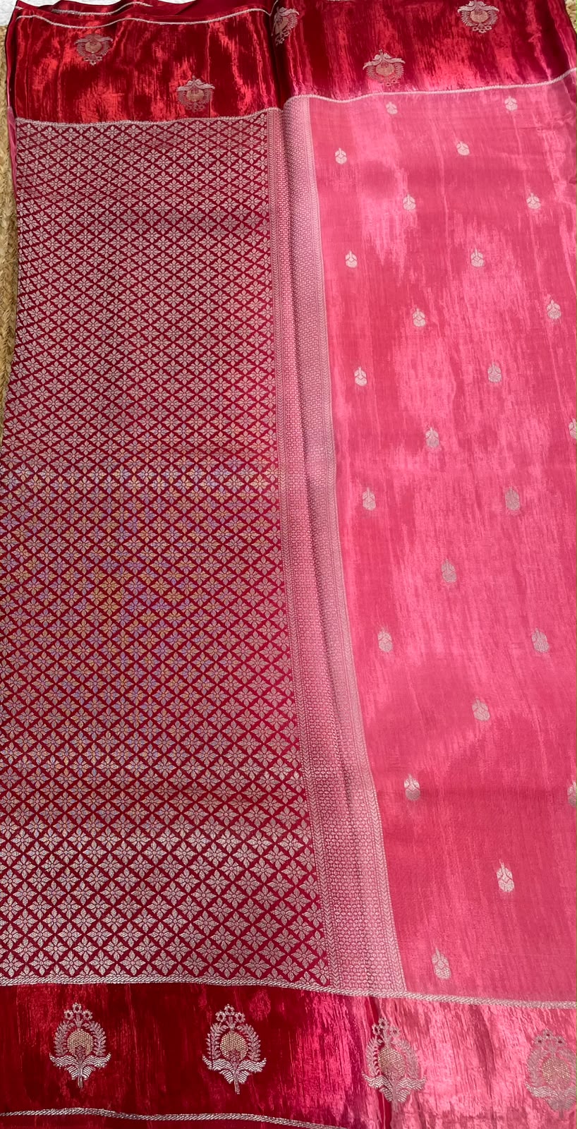 Pink n Red Matka Silk with Satin Border Saree 14
