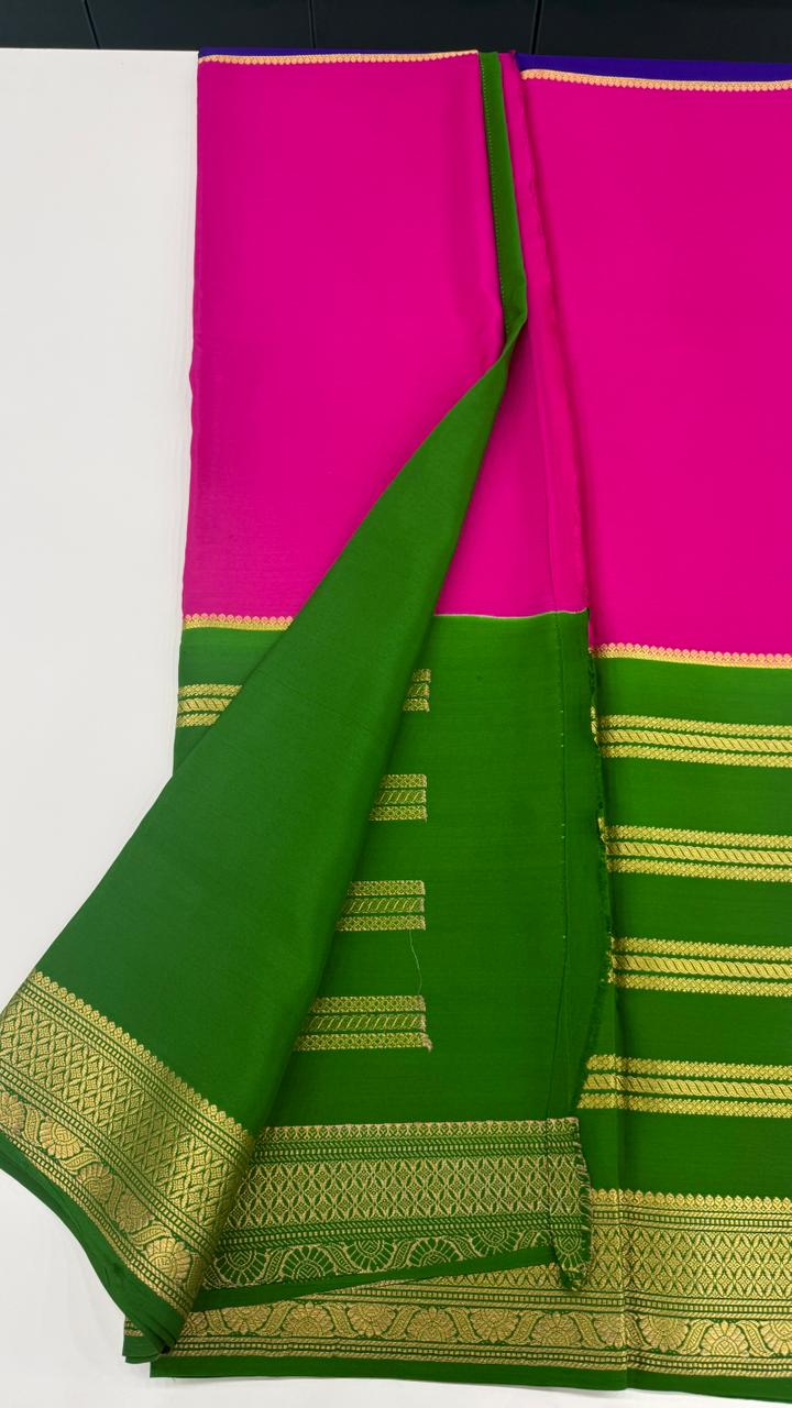 Pink 3D Stripes Pure Mysore Silk Crape Saree 01