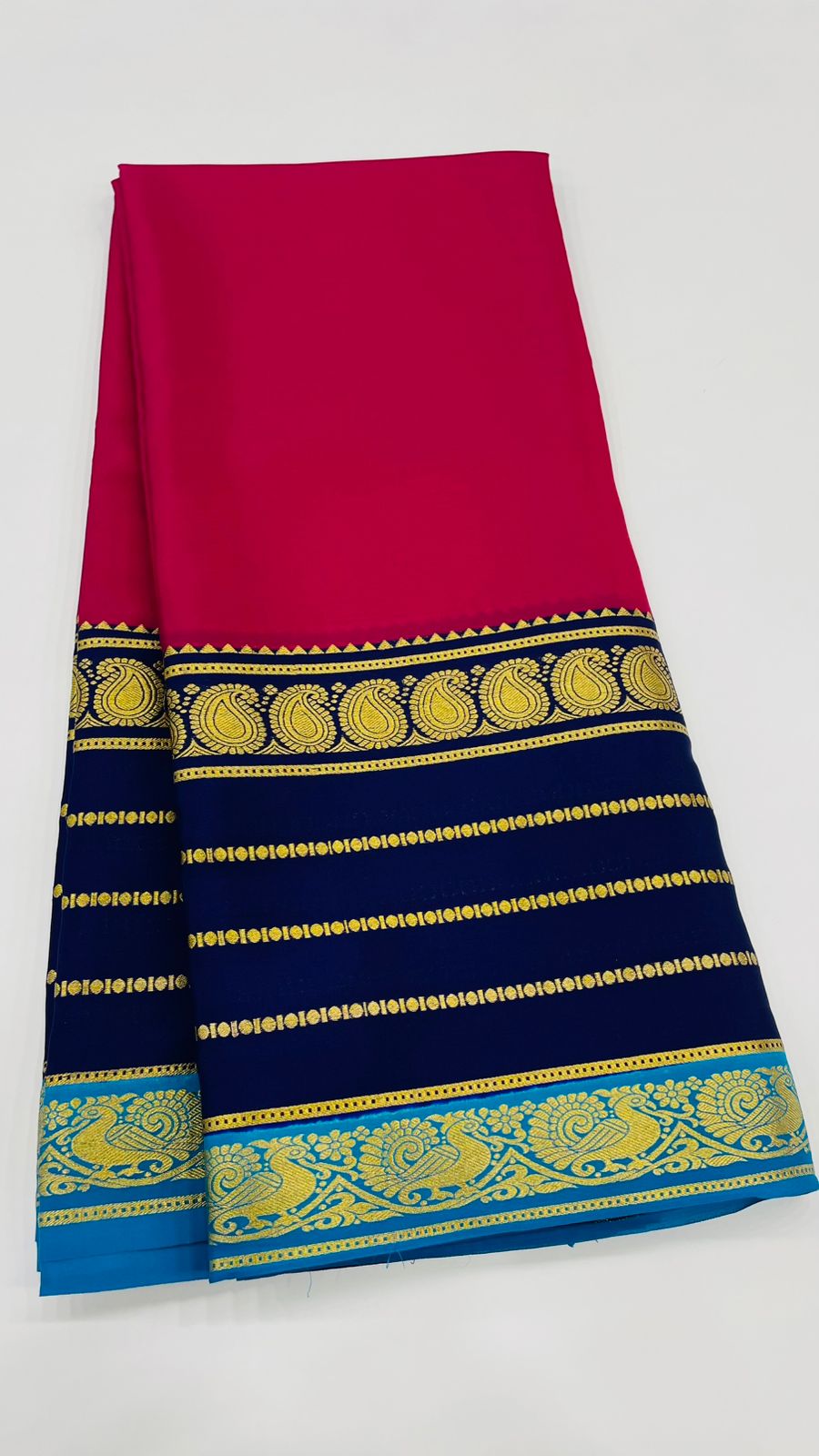 Rani Pink n Dark Blue 3D Pure Mysore Silk Crepe Saree 01